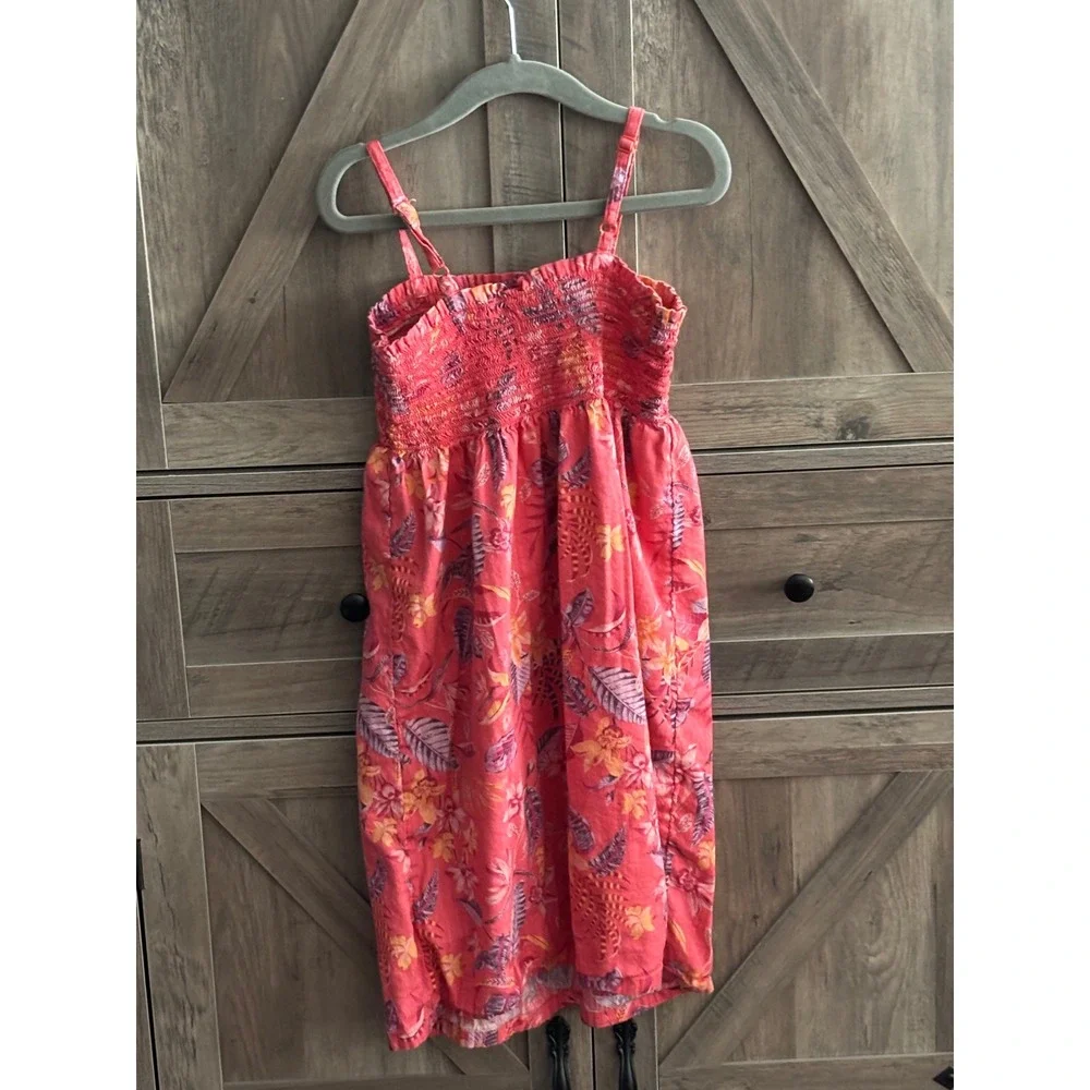 Old Navy Girls Coral Pink Tropical Floral Smocked Midi Sun Dress Size S 6-7